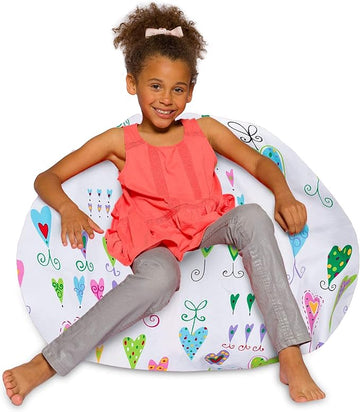 Posh Creations Bean Bag Chair for Kids, Teens, and Adults Includes Removable and Machine Washable Cover, Canvas Multi-Colored Hearts on White, 38in - Large