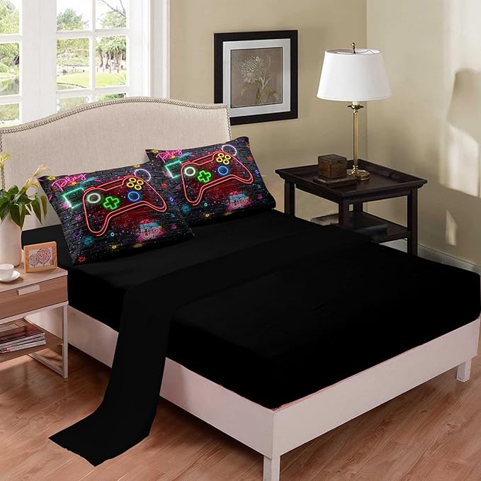 NINENINE Gaming Bedding Sets for Boys 5PCS Queen Size Gamer Comforter Gampad Contoller Video Kids Teens Black Bedding Comforter Sheet Set(1Comforter, 1Flat Sheet, 1Fitted Sheet, 2Pillowcases)