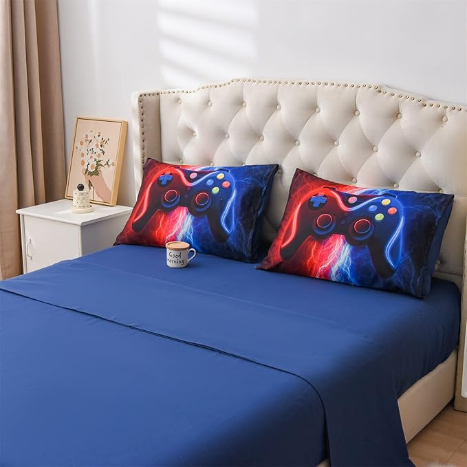 Meeting Story Gamer Gaming Bedding Sets Red Blue Lightnings Gamepad Comforter Set for Boys Games Console Action Buttons Novelty Colorful Modern Room Decor Home Quilt Set (Red-Blue, Full 5Pcs)