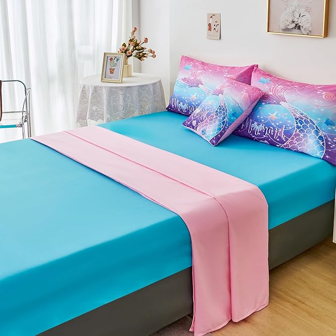 URBONUR 6Pcs Purple Blue Comforter Set Queen Size for Girls Bed in a Bag Queen Bedding Set with Comforter and Sheets Set, Gradient Mermaid Tail Printed Bed Sets for Teens Girls Women