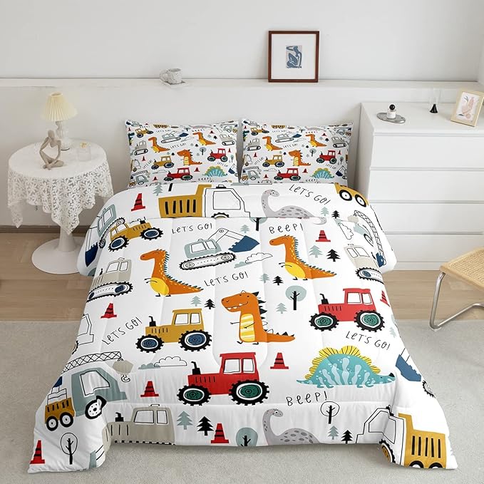 Feelyou Construction Comforter Set Kids Cartoon Dinosaur Comforter Cover Set for Boys Equipment Trucks Bedding Set Construction Vehicles Kawaii Jungle Dino Duvet Set Room Decor Quilt Set Queen Size