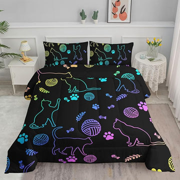 Black Cat Bedding Cartoon Cat Comforter Set Queen,Neon Cat Paw Ball of Yarn Printed Kids Bedding for Cat Lover Boys Girls Adults Room Decor,Kids Comforter,1 Quilt 2 Pillow Cases,Neon Color Purple Blue