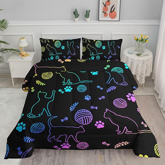 Black Cat Bedding Cartoon Cat Comforter Set Full,Neon Cat Paw Ball of Yarn Printed Kids Bedding for Cat Lover Boys Girls Adults Room Decor,Kids Comforter,1 Quilt 2 Pillow Cases,Neon Color Purple Blue