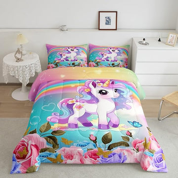 Cartoon Unicorn Kids Comforter Set Twin Size,Roses Flowers Butterfly Princess Bedding Set,Girls Women Room Decor,Rainbow Unicorn Cute Down Comforter,Pink Blue Romantic Duvet Insert,1 Pillowcase