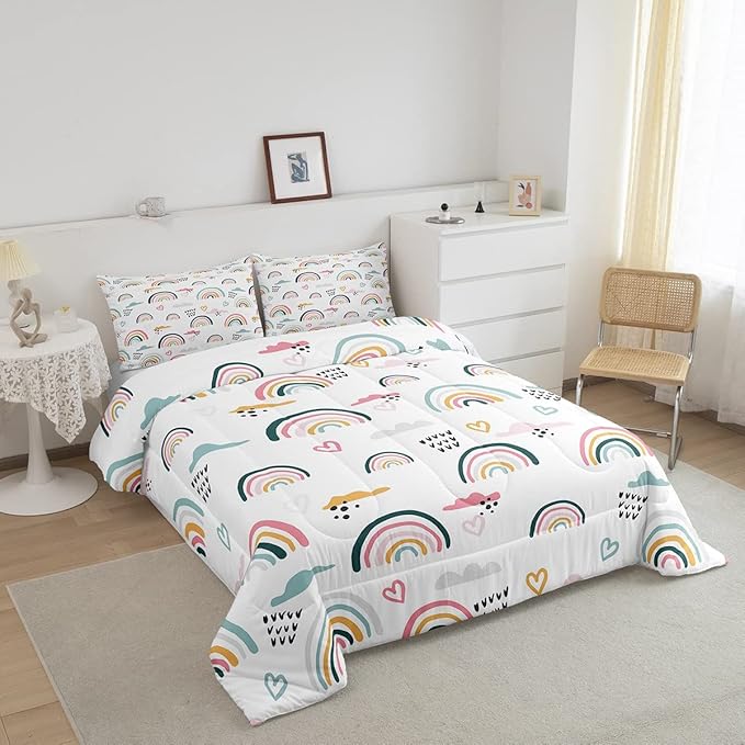 Erosebridal Rainbow Bedding Set for Kids Girls, Pink Love Heart Comforter Set Full Size Cartoon Cloud Geometric Stripes Bedding Comforter for Boys Children Women Watercolor Art Girly Duvet Sets