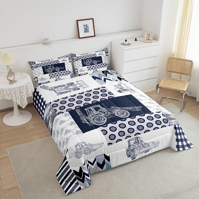 Feelyou Kids Construction Comforter Set Queen Size Equipment Trucks Bedding Set for Boys Cartoon Car Excavator Tractor Comforter Construction Vehicles Plaid Grid Blue and White Duvet Set