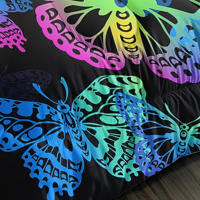 Axolotl Colorful Butterflies Bedding Set,Queen Size Kids Bed Set,Gradient Butterfly Comforter Set,1 Quilt with 2 Pillowcases for Boys Girls Kids Teens Children Adults Room Decor All Season,Black
