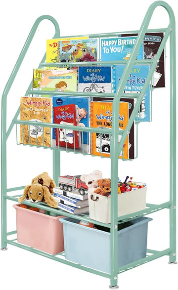 aboxoo Metal Kids Bookshelf Green Bookcase Freestanding for Children Room 24 in Toy Organizer Green Stable Bookcase Bookstore Library Book Unit Storage