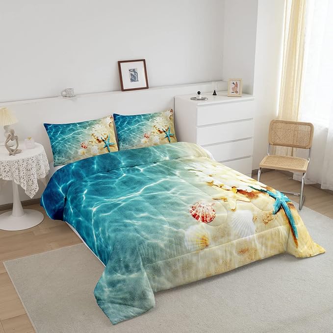 Ocean Comforter Set Twin Beach Bedding Set Coastal Nature Theme Teal Duvet Set Boys Girls Hawaiian Quilt Sets Sea Wave Animals Shell Starfish Reversible Comforter Set 1 Pillowcase, Blue Room Decor