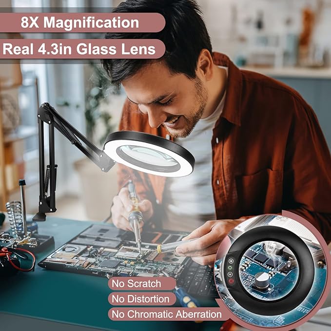 Veemagni 8X Magnifying Glass with Light, 5 Color Modes Stepless Dimmable, Adjustable Swing Arm LED Lighted Desk Lamp with Clamp, Hands Free Magnifier with Light and Stand for Craft Hobby Close Works