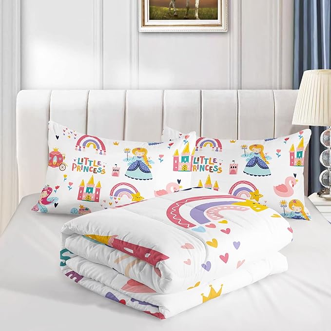 Datura home Girls Bedding Comforter Set Little Princess and Rainbow Castle Printed Pattern Quilt with 1 2 Pillowcases for Bedroom All Season(Princess Queen), Queen 90x90inches