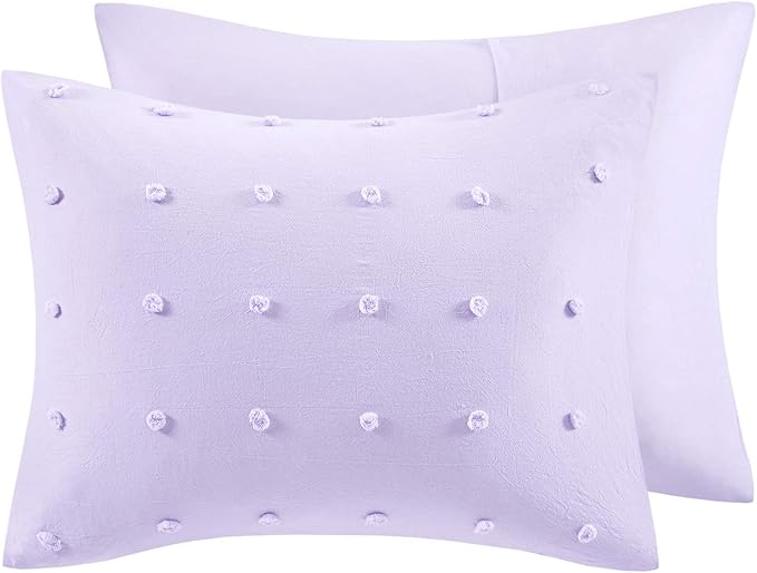 Callie Cotton Jacquard Weave Colorful Pom Pom Kids Comforter sets, Down Alternative Shabby Chic All Season Girls Bedding, Bedroom Decor, Twin/Twin XL, Lavender 4 Piece