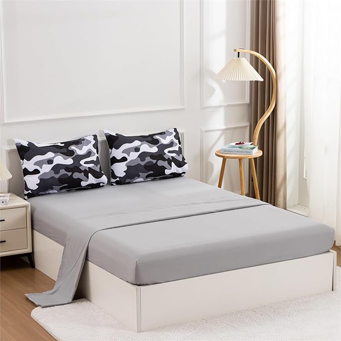 Meeting Story Camouflage Bedding Set, Colorful Pattern Style Comforter Set, 5 PCS One Comforter Two Pillowcases Two Sheets in One Bag, All Season Bedspread for Teens Adults (Grey,Full5pcs