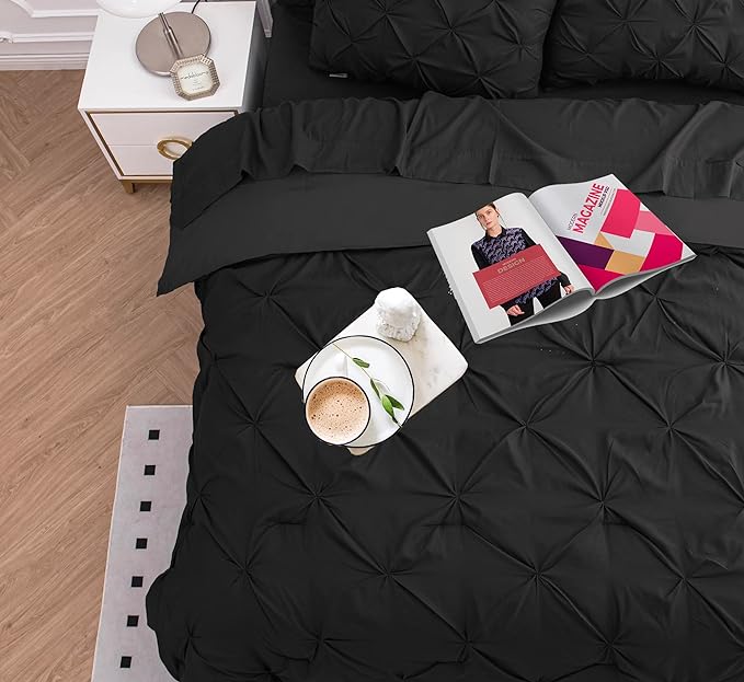 Lane Linen Full Size Comforter Sets, 7 Piece Bed in a Bag Full Size, Soft Full Size Bed Set, Pintuck Bedding Comforter Sets Full Size, Full Size Comforter Sets with Sheets, Pillowcases & Shams - Black