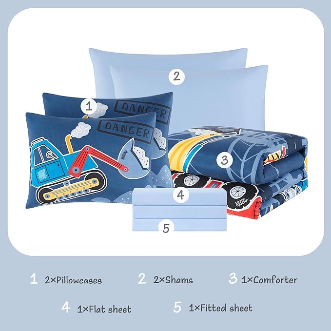 Truck Tractor Excavator Full Size Comforter Sets - Bedding Sets Full 7 Pieces for Boys, Glow in The Dark Bed in A Bag Full Size for Kids, Teens