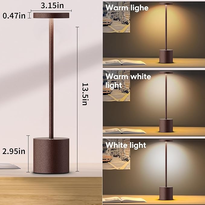 Rechargeable Cordless LED Table Lamp, 6000mAh Battery Operated 3 Level Dimmable Portable Tables Lights Reading Lamps for Restaurant Dining 2Pack Rust Desk Lamps