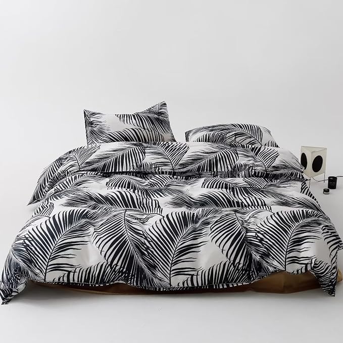 Comforter Set, Full Size, Black Leaves, Modern Boho, 3PCs, All Seasons, Cotton, Breathable, Durable, Ideal Gift, Unisex, Botanical, Lightweight, Warm, Washes Cold, Low Dry