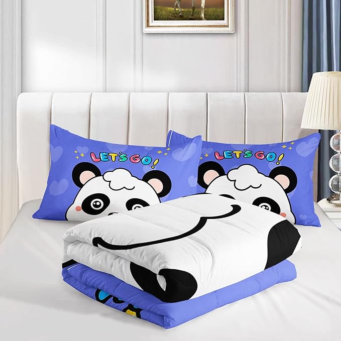 Datura home Panda Comforter Bedding Set for Boys Girls Kids Teens,Cartoon Panda Blue Heart Kawaii Animal Theme with 1 Comforter and 2 Pillowcases(Panda Twin)