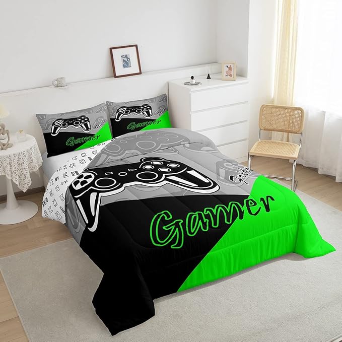Feelyou Gamer Comforter Set Gaming Bedding Set for Teens Boys Video Game Decor Comforter Game Controller Quilted Duvet Set 1 Comforter with 1 Pillowcase Twin Green