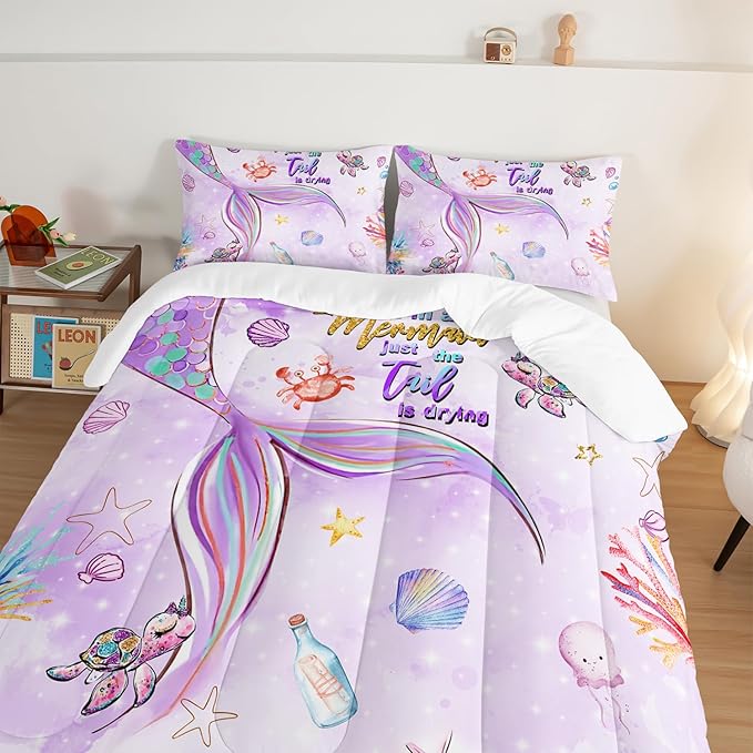 HOSIMA Kids Mermaid Comforter Set with 2 Pillowcases,Watercolor Ocean Life Sea Animal Mermaid Tail Pattern Bedding Set,Light Purpl Comforter for Teens Girls Women Bedroom Twin Bed in a Bag.
