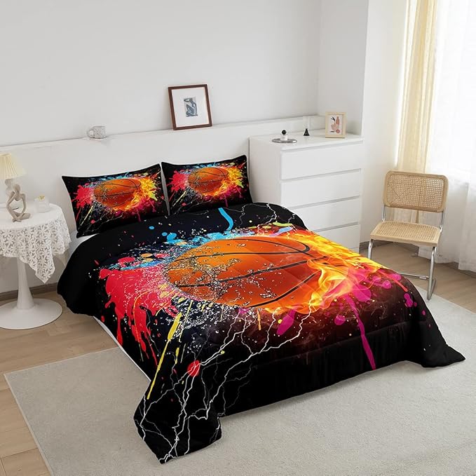 Teen Boys Basketball Bedding Set Twin Kids Sports Comforter Sets Soft Lightweight Bedroom Dorm Decor,Red Blue Fire And Water Lightning Ball Duvet Insert,Colorful Grunge Tie Dye Quilt Bedding 2 Pcs