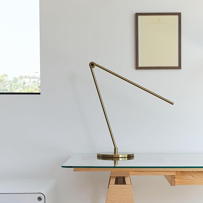 Brightech Libra LED Table Lamp - Contemporary Minimalist Thin Compact Desk Lamp - Adjustable Pivoting LED Head with Built-in Dimmer and Color Changing LED - Brass
