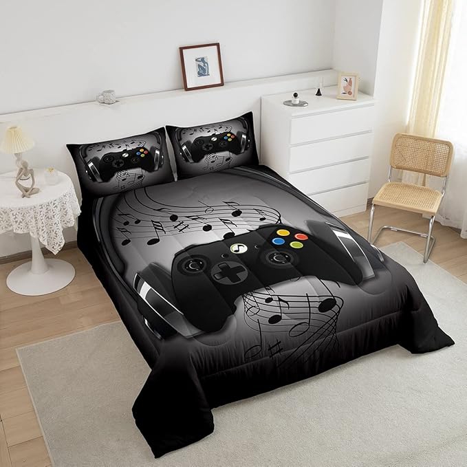 Gamer Comforter Set Twin Size,Black Grey Headphones Musical Design Games Gamepad Bedding Set for Kids Boys Video Game Room Decor Retro Playing Gamer Down Comforter Gaming Controller Quilted Duvet Set