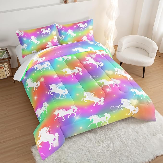 HOSIMA Unicorn Bedding 3pcs Rainbow Comforter Set with 2 Pillowcases,Sparkle Stars Full Size Bed in a Bag Set for Adults Teen Girls,Cute Rainbow Unicorn Comforter Princess Toddler Bedding Set.