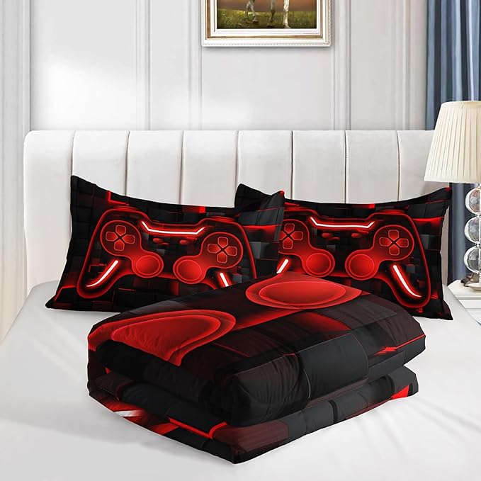 Axolotl Gamepad Comforter Set Twin Size,Red Grid Print Bedding Set,Boys Gaming Console Comforter Set,Video Gaming controller Bedding Set for Teens Men Adults,1 Quilt 2 Pillowcases,Red Black