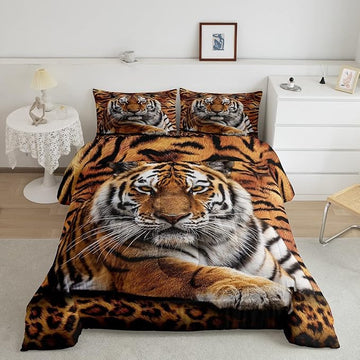 Tiger 3D Print Comforter Set King Size,Wild Animals Bedding Set 3pcs for Kids Teens Adults Bedroom Decor,Abstract Animal Fur Quilt Set Soft Breathable Duvet Insert with 2 Pillowcases,Brown Rustic