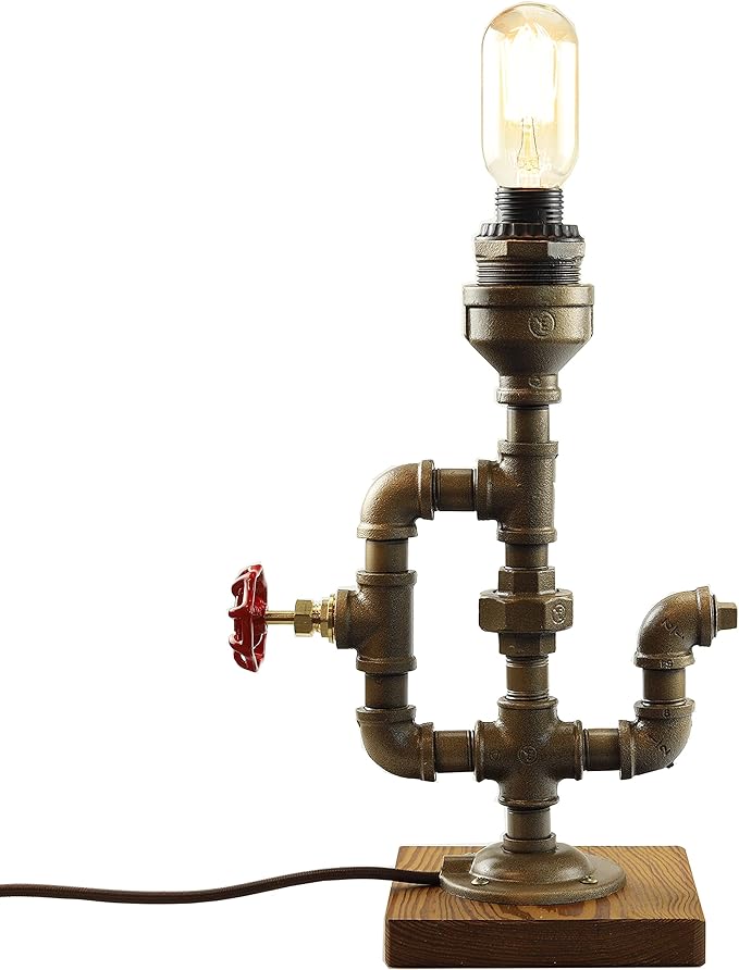 Steampunk Lamp with Dimmer, Dimmable Loft Style Industrial Vintage Antique Style Light with Bulb, Wood Base with Iron Piping Desk Lamp, Retro Desk Lamp LL-034