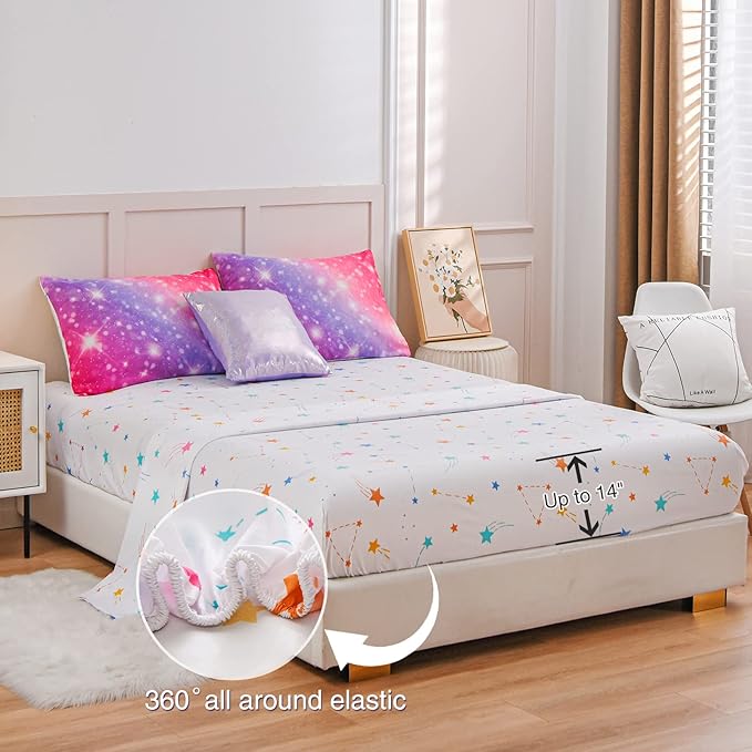 A Nice Night 6Pcs Gradient Glitter Bedding Set for Girls, Colorful Rainbow Galaxy Comforter Set, Ultra Soft Bedding Sets (Pink-Purple,Full 6Pcs)