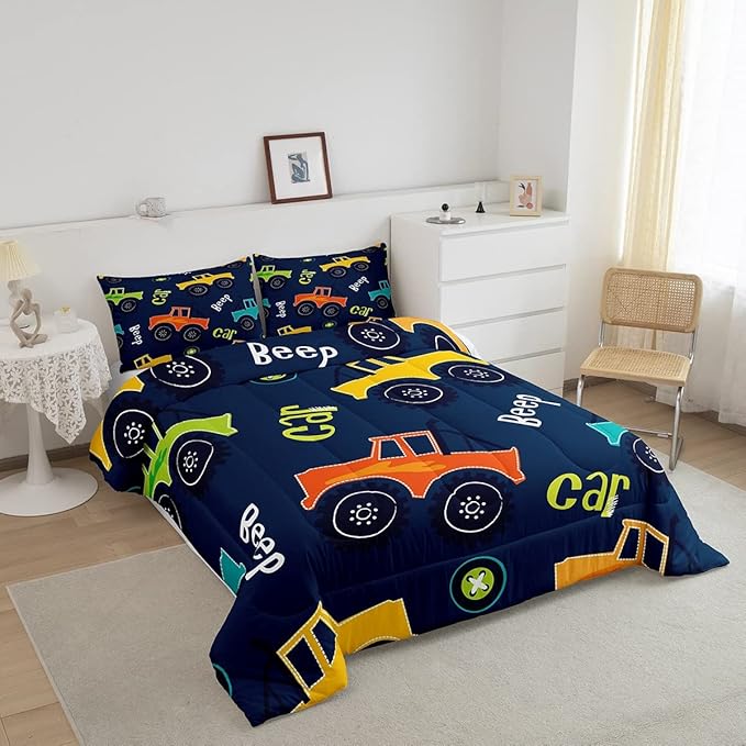 Feelyou Cartoon Car Bedding Set Construction Kids Comforter Set Boys Equipment Trucks Decor Comforter Cartoon Car Excavator Tractor Duvet Set Quilt King Boys