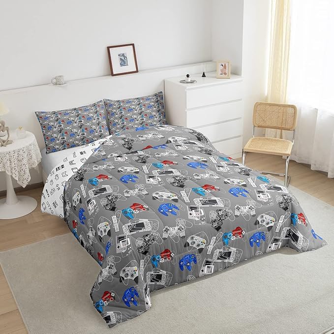 Erosebridal Gaming Comforter Set for Boys Video Games Gamer Bedding King Size Teens Kids Games Room Decor Reversible Quilt for All Season Home Decoration Cool Gamepad Print Down Comforter, Grey White