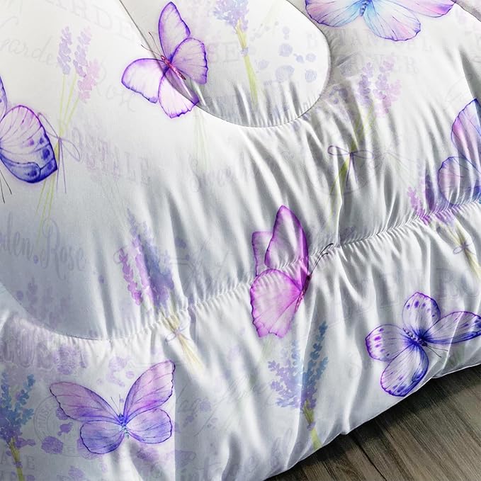 Purple Butterfly Comforter Set Twin Size for Girls Kids Adults Lavender Flowers Pattern Bedding Set Aesthetics Butterflies Quilt Bed Set with 1 Comforter and 2 Pillowcases