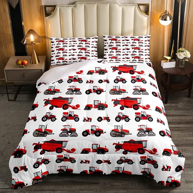 Erosebridal Red Tractor Comforter Set Twin Size Heavy Equipment Truck Down Comforter Kids Boys Girls Teens Harvester Tractor Bedding Set Construction Excavator Farm Equipment Quilt Set