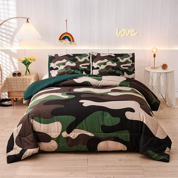 Meeting Story Camouflage Bedding Set, green Colorful Pattern Queen Comforter Set, 3 PCS One Comforter and Two Pillowcases in One Bag, All Season Bedspread for Teens Adults (green, King)