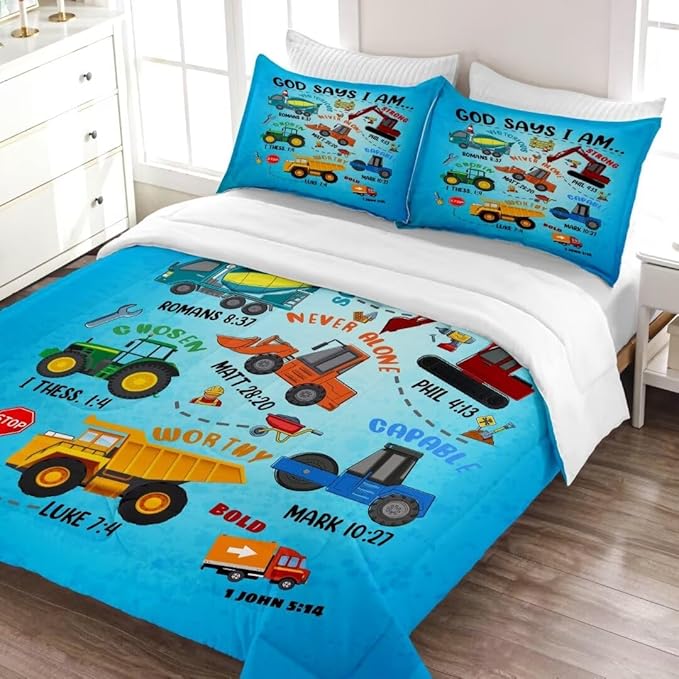 Boys Construction Vehicles Truck Comforter Set Queen,Christian Kids God Says I Am Construction Bedding Set,Car Excavator Tractor Bedroom Set（1 Comforter 2 Pillowcase） Blue