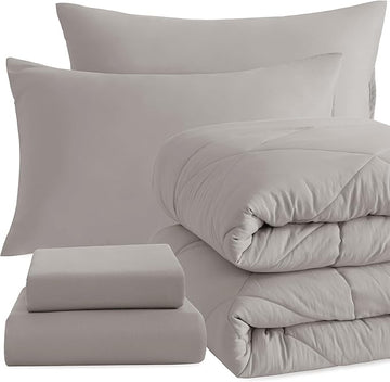 NTBAY Twin Comforter Set with Sheets, 5 Pieces Soft and Breathable Twin Bedding Set, Twin Bed in a Bag, Down Alternative Comforter Set Solid Color All Season, Kids Bedding Set, Smoke Grey