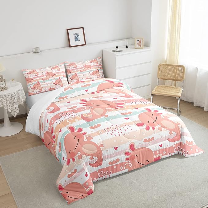 Manfei Cute Axolotl Comforter Set King Size,Rainbow Stripes Quilt Set,Animal Theme Bedding Comforters 3pcs for Kids Teens Girls Boys Room Decor,Pink Romantic Soft Duvet Set with 2 Pillowcases