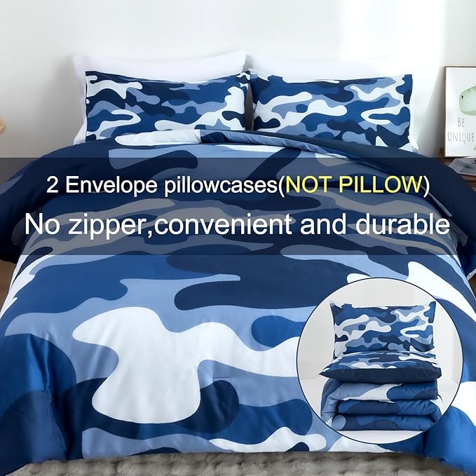Meeting Story Camouflage Bedding Set, Colorful Pattern Style Comforter Set, 3 PCS One Comforter Two Pillowcases Two Sheets in One Bag, All Season Bedspread for Teens Adults (Navy,Twin