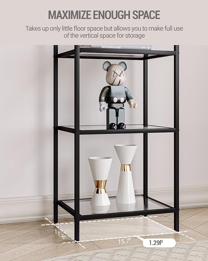 Bookcase Bookshelf, Tempered Glass Bookshelves, Slim Shelving Unit for Bedroom, Bathroom, Home Office, Steel Frame, 3 Tier Black BC10301B