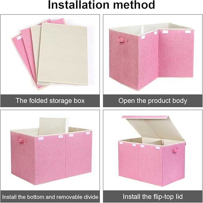 popoly 122L Large Toy Box Chest with Lid, Foldable Toy Storage Organizer Bin Boxes with Removable Divider for Kids, Boys, Girls, Nursery, Playroom, 26"x17" x17"(Linen Pink)