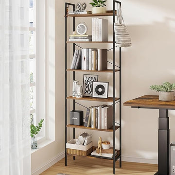 Bookshelf, Book Shelf, Industrial Bookcase with 2 Hooks, Coner Shelf Storage Organizer for Home Office, Living Room, Bedroom, Kitchen, 6-Tier Rustic Brown BC22701B