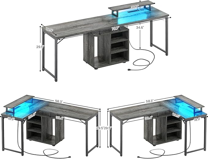 Cyclysio L Shaped Gaming Desk with Wood Cabinet, 58" Large Corner Desk with LED Lights & Power Outlet, Reversible Computer Desk with Monitor Stand, Home Office Desk 2 Person Corner Desk, Grey Oak