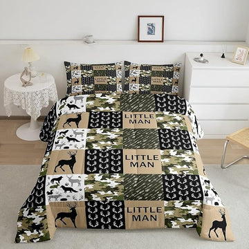 Kids Deer Antlers Animal Silhouettes Comforter Set King Size,Camo Geometric Lattices Bedding Set 3pcs for Adults Cabin Decor,Nordic Boho Arrows Quilt Set,Rustic Retro Green Duvet Insert,2 Pillowcases