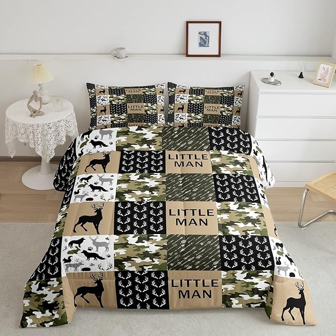 Kids Deer Antlers Animal Silhouettes Comforter Set King Size,Camo Geometric Lattices Bedding Set 3pcs for Adults Cabin Decor,Nordic Boho Arrows Quilt Set,Rustic Retro Green Duvet Insert,2 Pillowcases