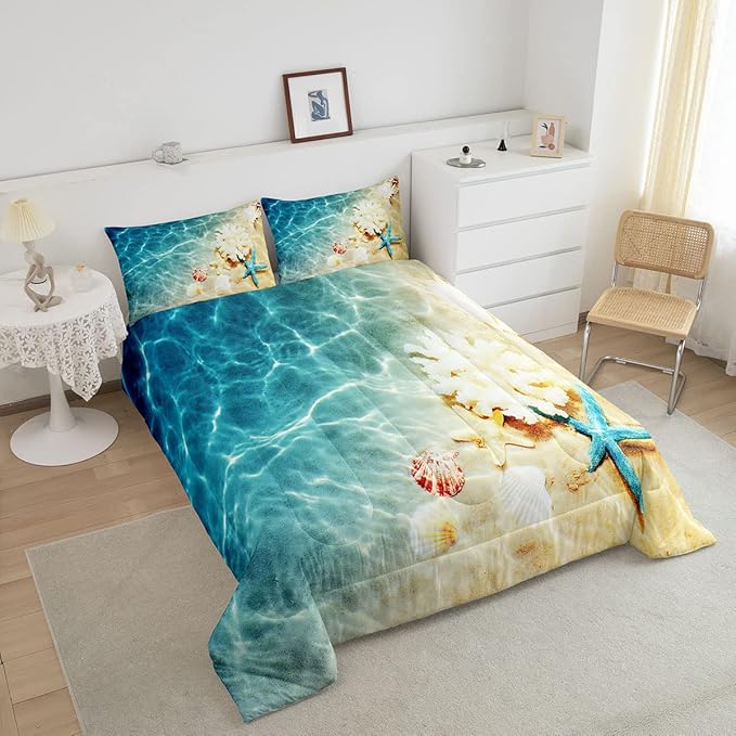 Ocean Comforter Set Queen Beach Bedding Coastal Nature Theme Pattern Teal Duvet Set Boys Girls Hawaiian Quilt Sets Sea Wave Animals Starfish Reversible Comforter Set 2 Pillowcases, Blue Room Decor