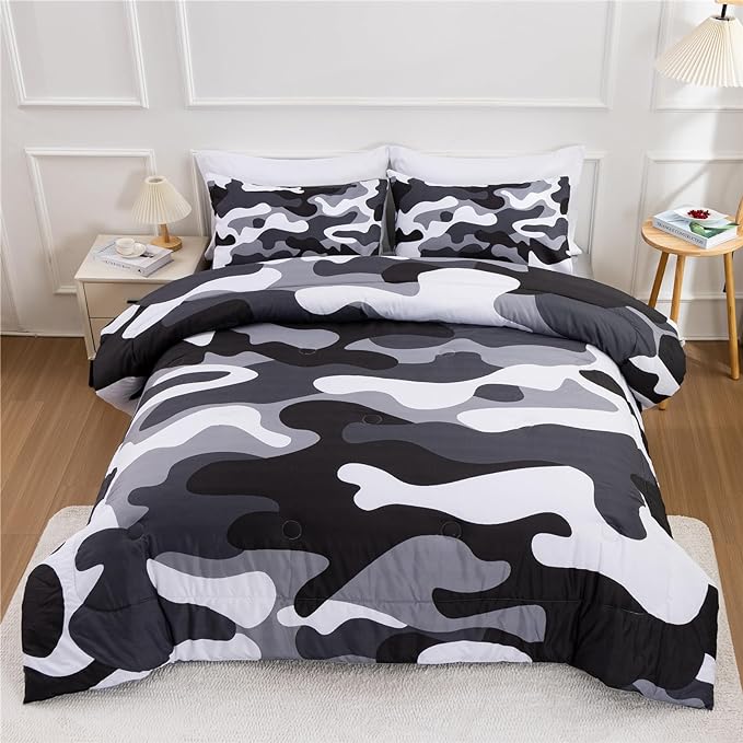 Meeting Story Camouflage Bedding Set, Colorful Pattern Style Comforter Set, 3 PCS One Comforter Two Pillowcases in One Bag, All Season Bedspread for Teens Adults (Grey,Queen