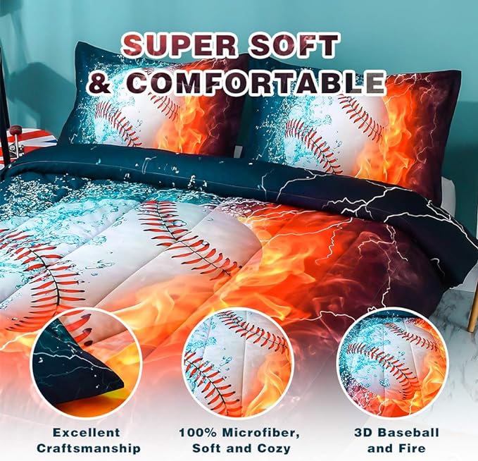 Andency Baseball Comforter Set Queen(90x90 Inch), 3 Pieces(1 Baseball Comforter, 2 Pillowcases) Sport Microfiber Comforter Set Bedding Set for Kids Boys Teens